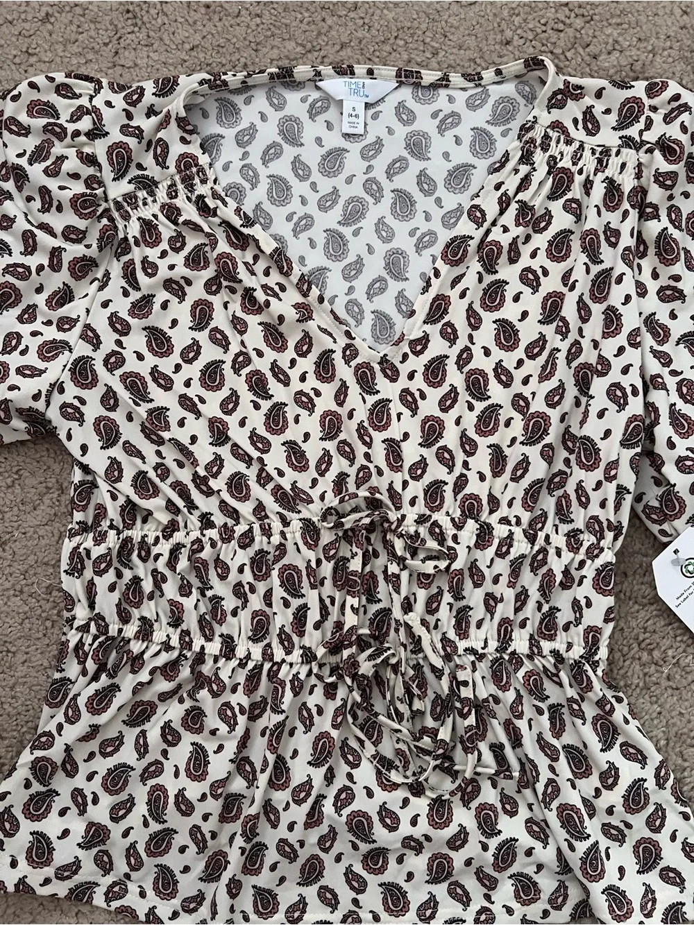 Time and Tru Cream Paisley V-Neck Peplum Top with Drawstring